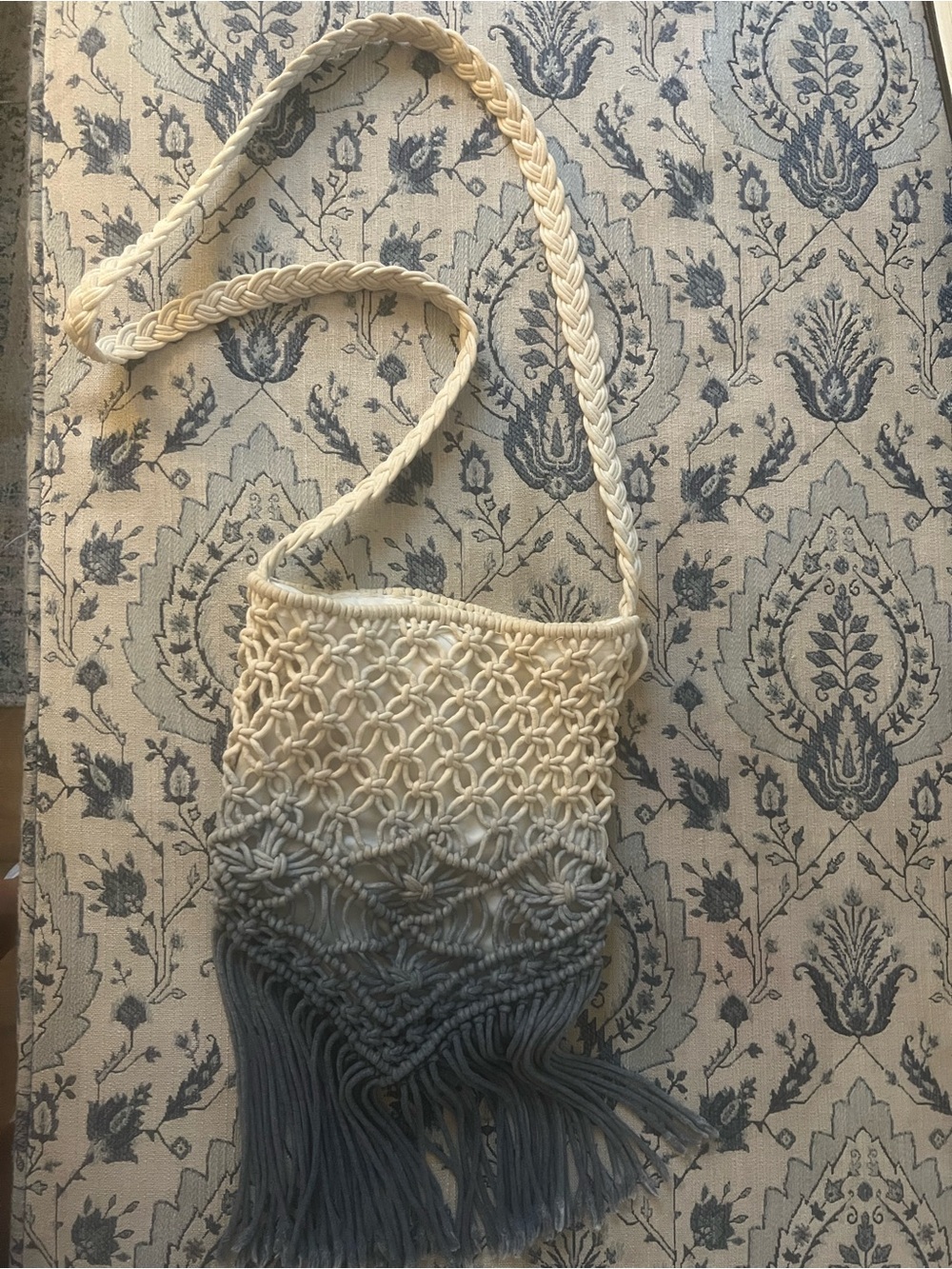 woven macrame ombré cream to blue crossbody bag w cascading fringe